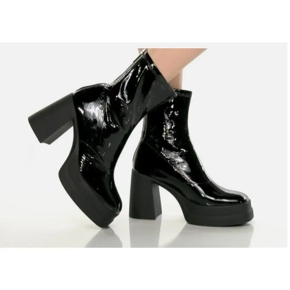 Free People Women Platform Chunky Heel Bootie Sz36 Black Patent Club Moto Shiny - Picture 1 of 9